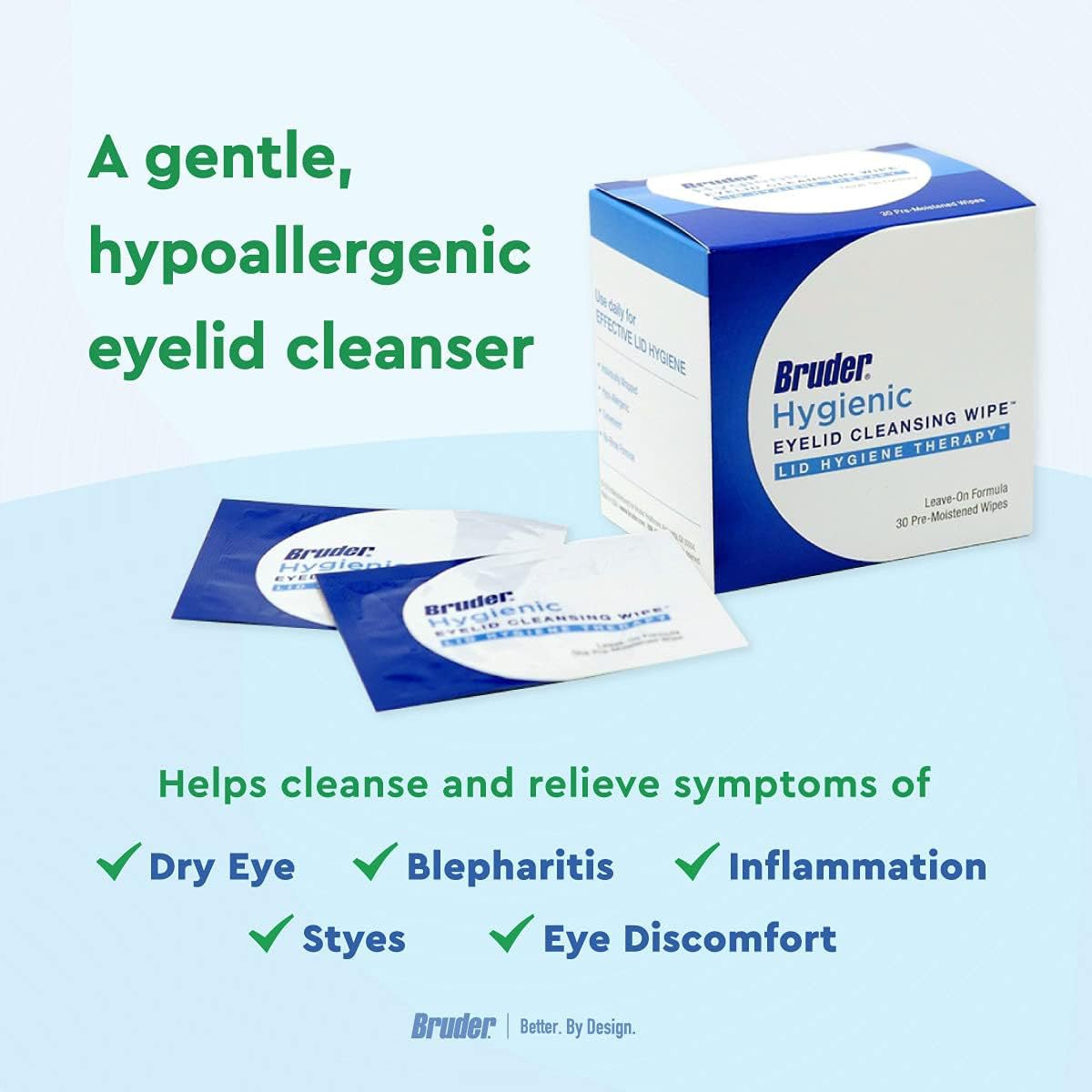 The Bruder Hygienic Eyelid Cleansers Combo Pack (Spray & Wipes) is shown with two wipes upfront, highlighting their gentle, hypoallergenic formula for eyelid hygiene and benefits for dry eye, blepharitis, styes, inflammation, and eye discomfort.