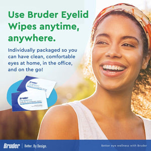 A smiling person outdoors showcases Bruder Hygienic Eyelid Cleansers Combo Pack (Spray & Wipes), highlighting their convenience for maintaining clean, comfortable eyes anytime, anywhere.