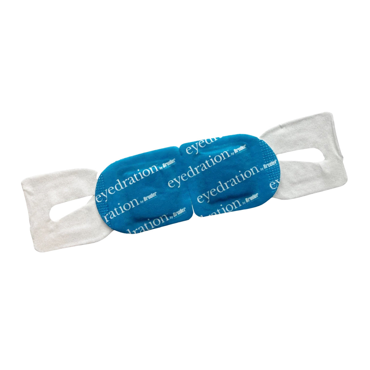 The Bruder Eyedration Air-Activated Steam Mask pack includes a blue fabric mask with eyedration text, designed to relieve dry eyes. It features white sections for securing around the head, ensuring comfort while air-activated moisture soothes. Background is plain white.