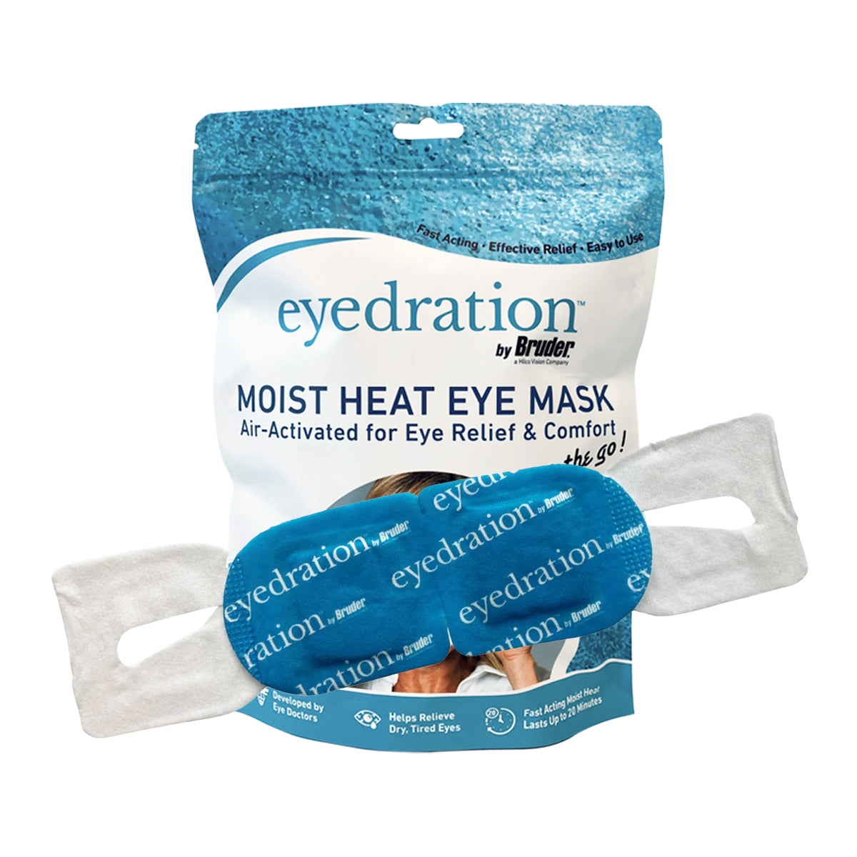 The Bruder Eyedration Air-Activated Steam Mask (10 Mask Pack) package features a blue mask with white text, highlighting dry eye relief and comfort. It emphasizes its air-activated moisture technology, fast action, and user-friendly design.