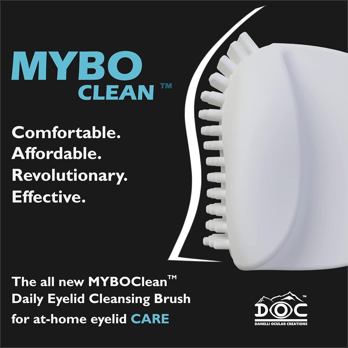 The image shows a MyboClean promotional ad featuring the Daily Eyelid Cleansing Brush for Sensitive Skin. Partially visible with white bristles, it emphasizes eyelid hygiene. Text reads: Comfortable. Affordable. Revolutionary. Effective. Logo: DOC. Pack of 4 included.