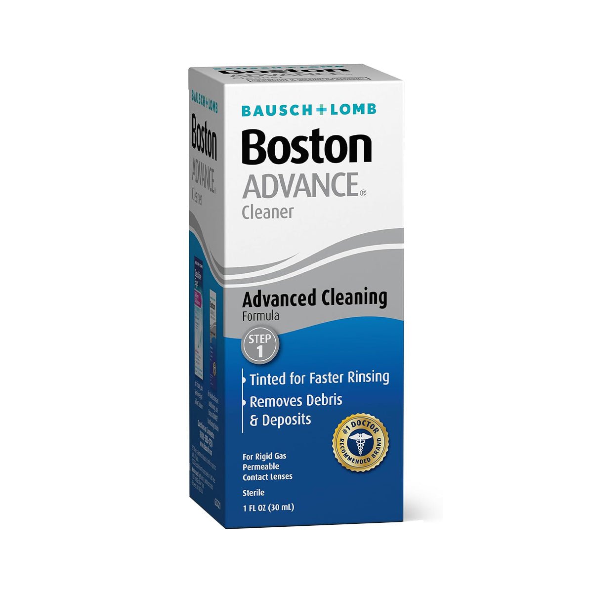 Box of Boston Advance Cleaner Solution by Bausch + Lomb, featuring a tinted formula for efficient rinsing and removal of lipid deposits and debris from gas permeable contact lenses, 1 fl oz (30 ml), sterile.