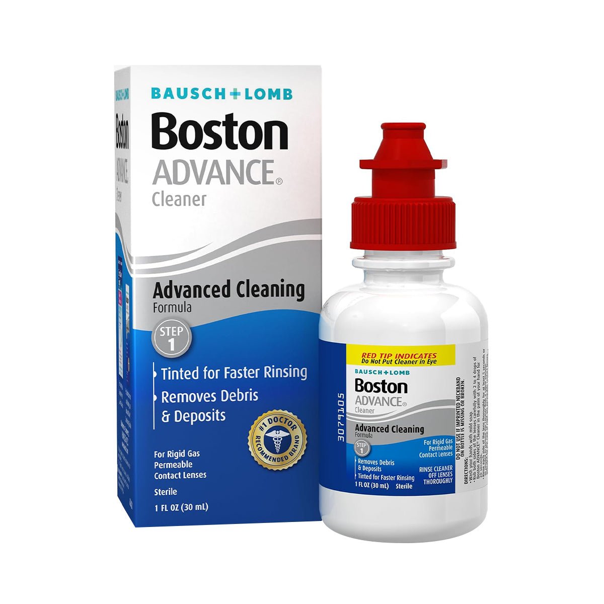 A 1 fl oz bottle of Boston Advance Cleaner Solution for gas permeable contact lenses, showcasing its Advanced Cleaning Formula by Bausch + Lomb, is in front of its box. The white and red bottle effectively removes lipid deposits for superior debris removal and faster rinsing.