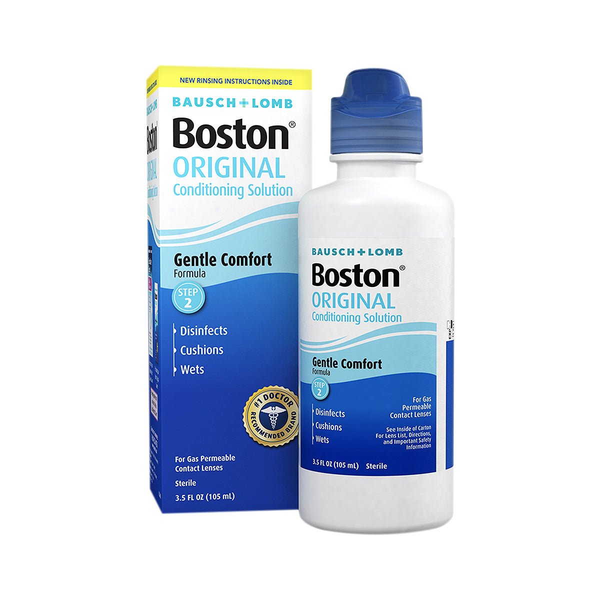 A Boston Original Conditioning Solution for RGP Contact Lenses by Bausch + Lomb lies next to its blue and white box. The Gentle Comfort Formula label marks it as eye doctor recommended, ideal for disinfecting, cushioning, and wetting rigid gas permeable lenses. Contains 3.5 oz (105 ml).