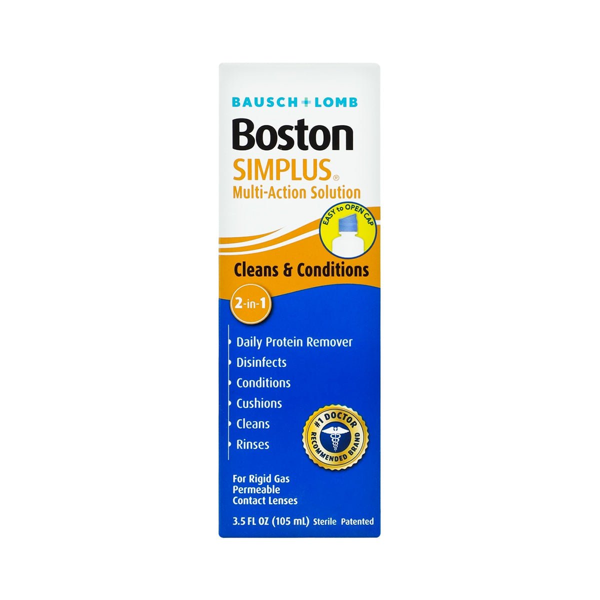 Front view of a 3.5oz package of Boston Simplus Multi-action Rigid Gas Perm Solution by Bausch + Lomb, showcasing its cleaning, conditioning, and disinfecting capabilities with effective protein removal for optimal RGP lens care.