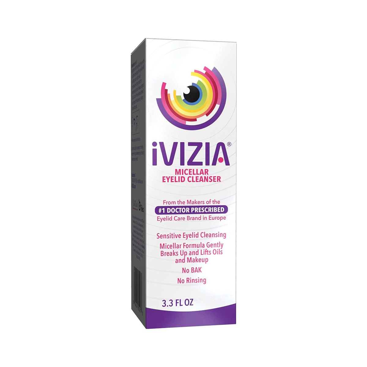 Theas iVIZIA Micellar Eyelid Cleanser boasts a vibrant design with the name in purple. Europes top brand offers a preservative-free, rinse-free formula ideal for sensitive eyelids and gentle makeup removal, all in a 3.3 fl oz bottle.