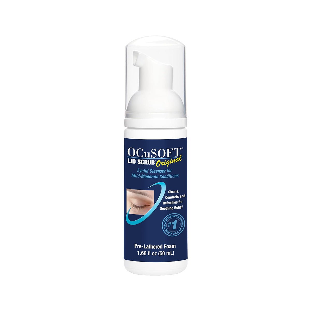 The OCuSOFT Lid Scrub Original Foaming Eyelid Cleanser is displayed with a white pump and dark blue label featuring an eye, promoting eyelid hygiene and soothing relief for contact lens wearers.