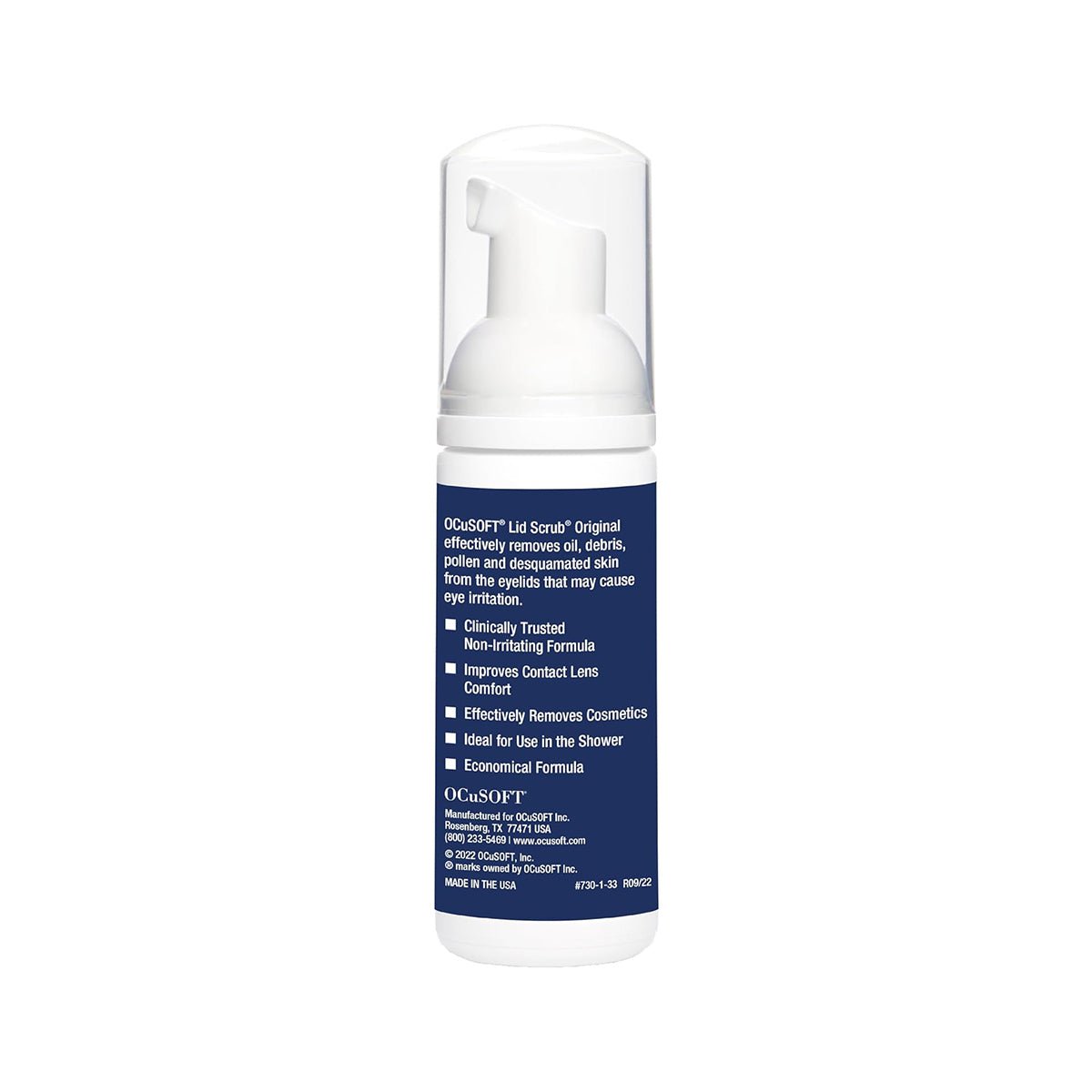 The OCuSOFT Lid Scrub Original Foaming Eyelid Cleanser comes in a white bottle with a clear cap and pump dispenser. It features a blue label highlighting its non-irritating formula, debris removal, and comfort improvement benefits for lid hygiene, making it ideal for contact lens wearers.