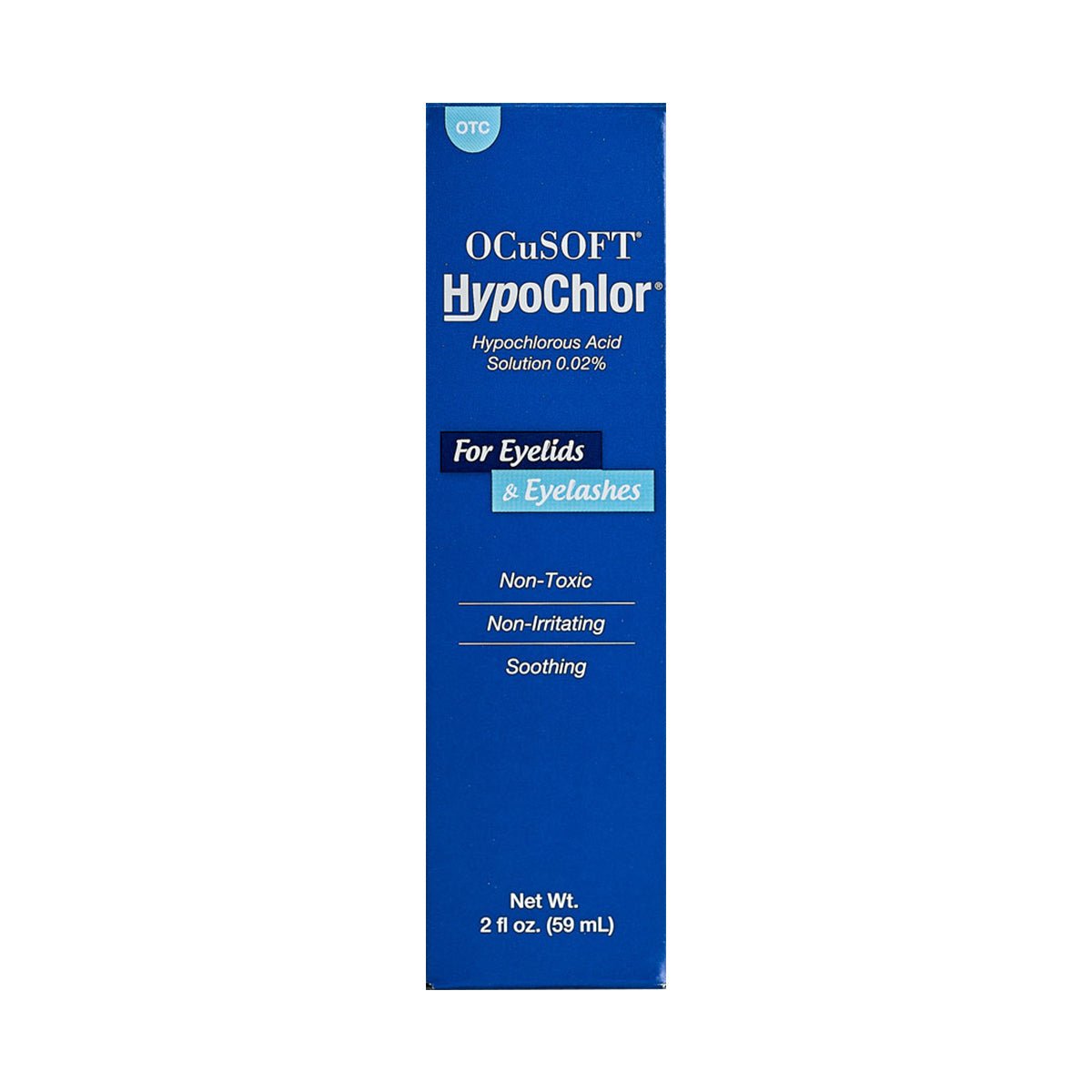 A blue rectangular box contains OCuSOFT HypoChlor Spray, a hypochlorous acid solution for eyelid and eyelash cleansing. Its non-toxic, non-irritating, and soothing. Net weight: 2 fl oz (59 ml).