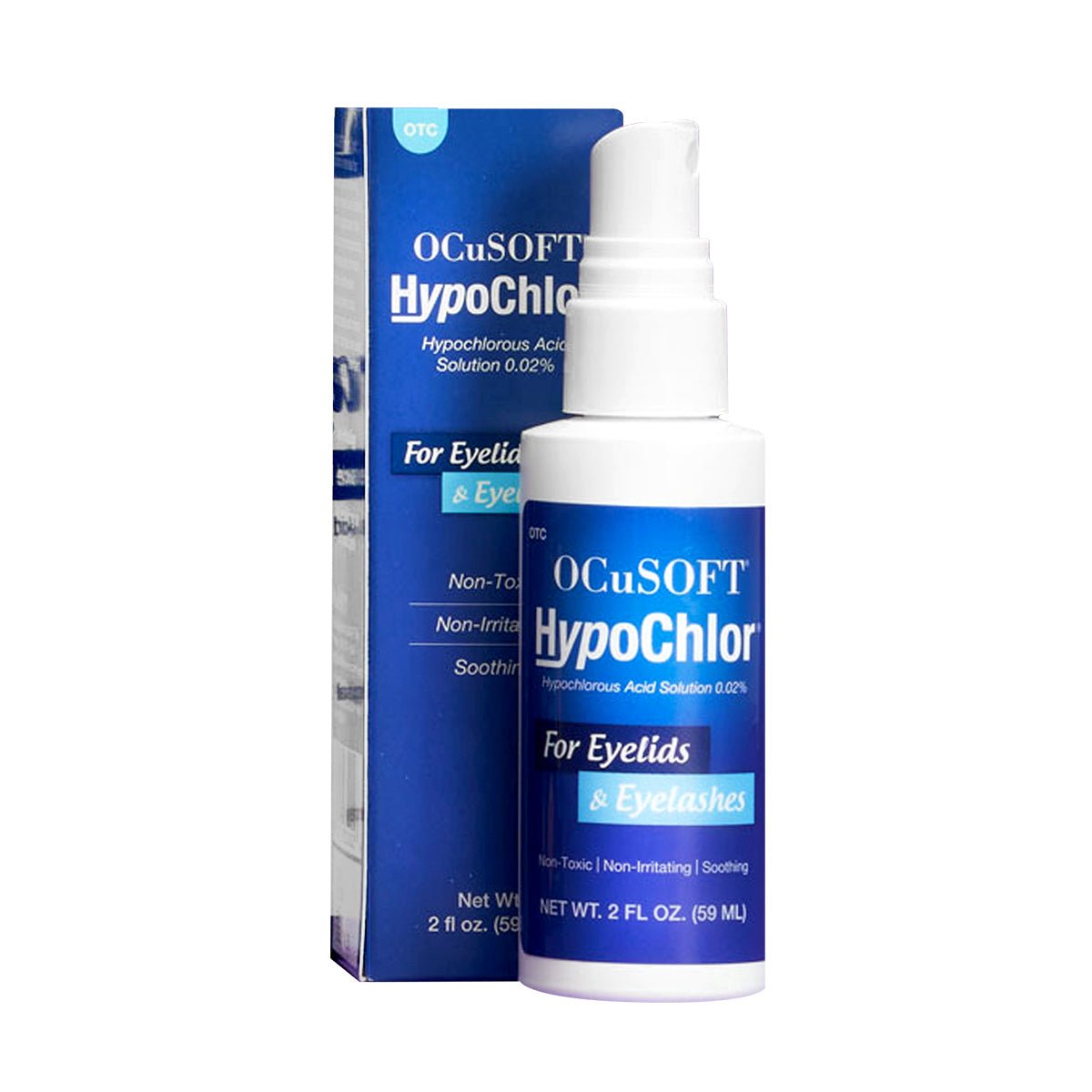 An Ocusoft HypoChlor Spray Eyelid & Eyelash Cleaner 2 oz bottle is shown beside its box, highlighting its function as an eyelid hygiene solution.