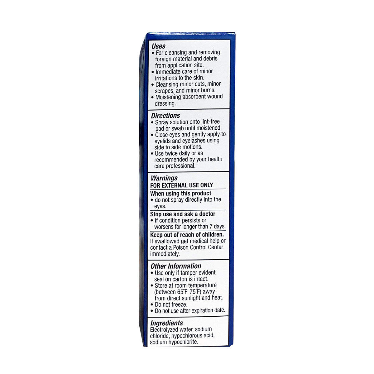 The blue and white OCuSOFT HypoChlor Spray Eyelid & Eyelash Cleaner (2 oz bottle) details uses, directions, warnings like external use only, storage tips, and emergency instructions. Ideal for cleansing minor cuts and wound care, it contains hypochlorous acid for efficient eyelid hygiene and eyelash cleaning.