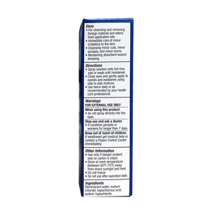 The blue and white OCuSOFT HypoChlor Spray Eyelid & Eyelash Cleaner (2 oz bottle) details uses, directions, warnings like external use only, storage tips, and emergency instructions. Ideal for cleansing minor cuts and wound care, it contains hypochlorous acid for efficient eyelid hygiene and eyelash cleaning.