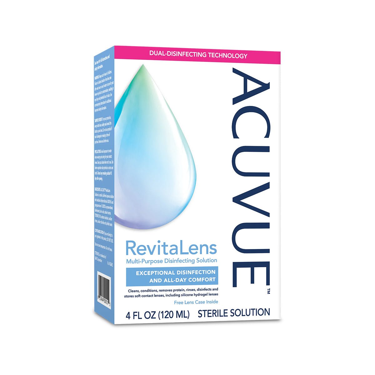 The Johnson and Johnson ACUVUE RevitaLens Multi-Purpose Solution (4oz + Lens Case) uses advanced dual-disinfecting technology for contact lenses, featuring a large droplet graphic on the packaging, ensuring excellent bacteria protection and all-day comfort.