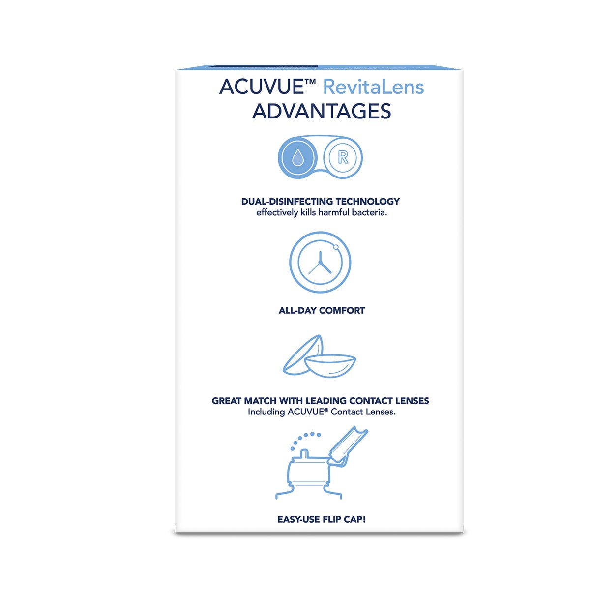 The ACUVUE RevitaLens Multi-Purpose Solution (4oz + Lens Case) by Johnson and Johnson is depicted with a box illustrating benefits: dual-disinfecting technology, all-day comfort, compatibility with top lenses, and an easy flip cap, highlighted by feature icons on a white background.