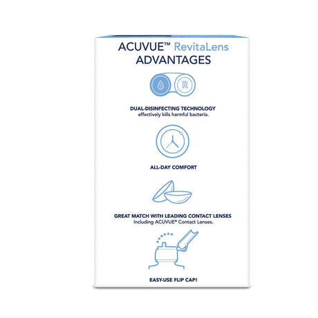 The ACUVUE RevitaLens Multi-Purpose Solution (4oz + Lens Case) by Johnson and Johnson is depicted with a box illustrating benefits: dual-disinfecting technology, all-day comfort, compatibility with top lenses, and an easy flip cap, highlighted by feature icons on a white background.