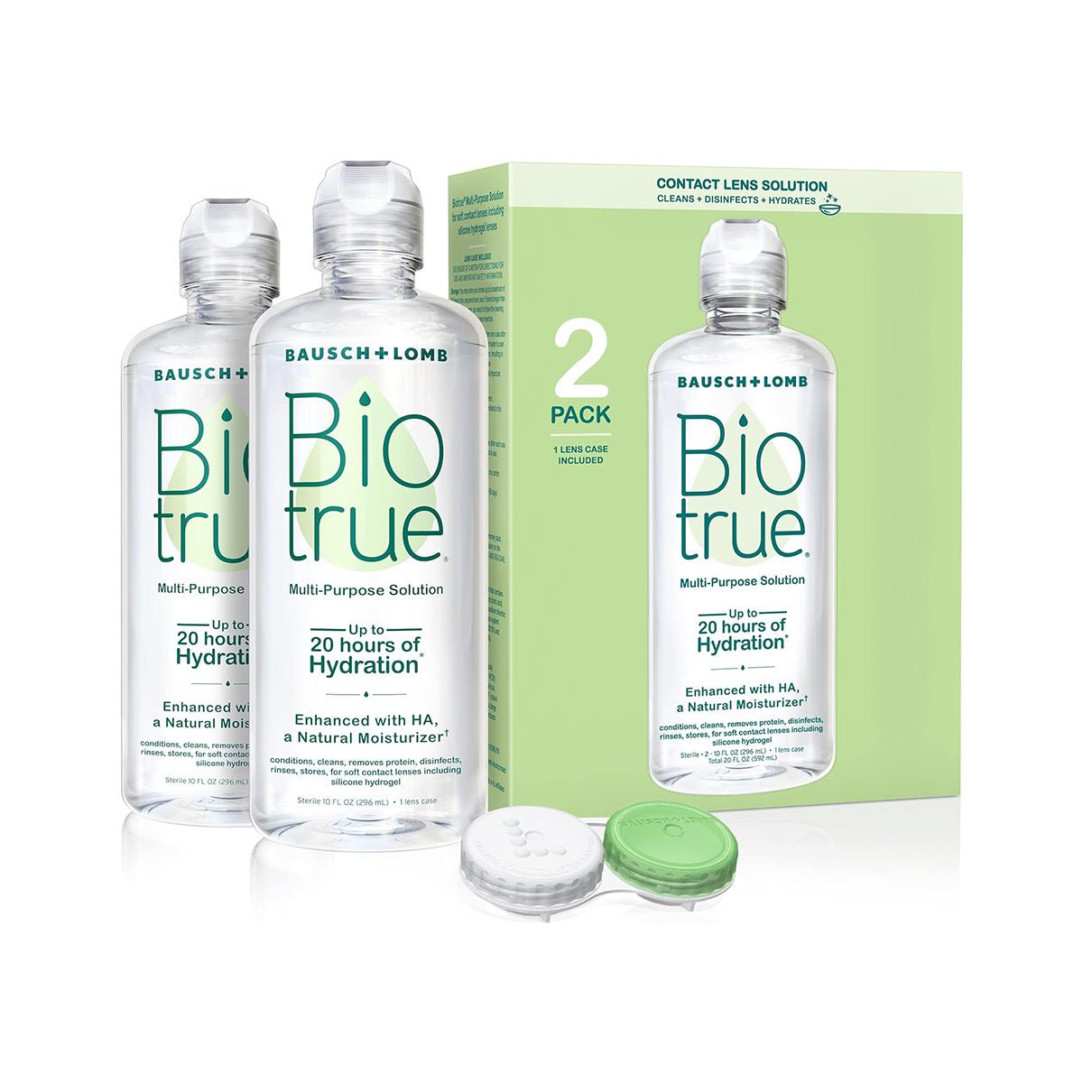 Two bottles of Biotrue Multi-Purpose Contact Lens Solution, labeled as a 2-Pack (10oz x 2) by Bausch + Lomb, are showcased with a contact lens case, ideal for silicone hydrogel lenses, providing up to 20 hours of hydration.