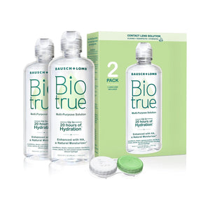 Two bottles of Biotrue Multi-Purpose Contact Lens Solution, labeled as a 2-Pack (10oz x 2) by Bausch + Lomb, are showcased with a contact lens case, ideal for silicone hydrogel lenses, providing up to 20 hours of hydration.