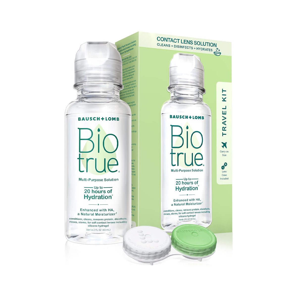 Image of Bausch + Lomb BioTrue Multipurpose Contact Lens Solution Travel Kit (2oz 60mL) with case, featuring a bottle offering up to 20 hours of hydration and a dual disinfection system. Includes a green and white contact lens case alongside packaging highlighting product details.