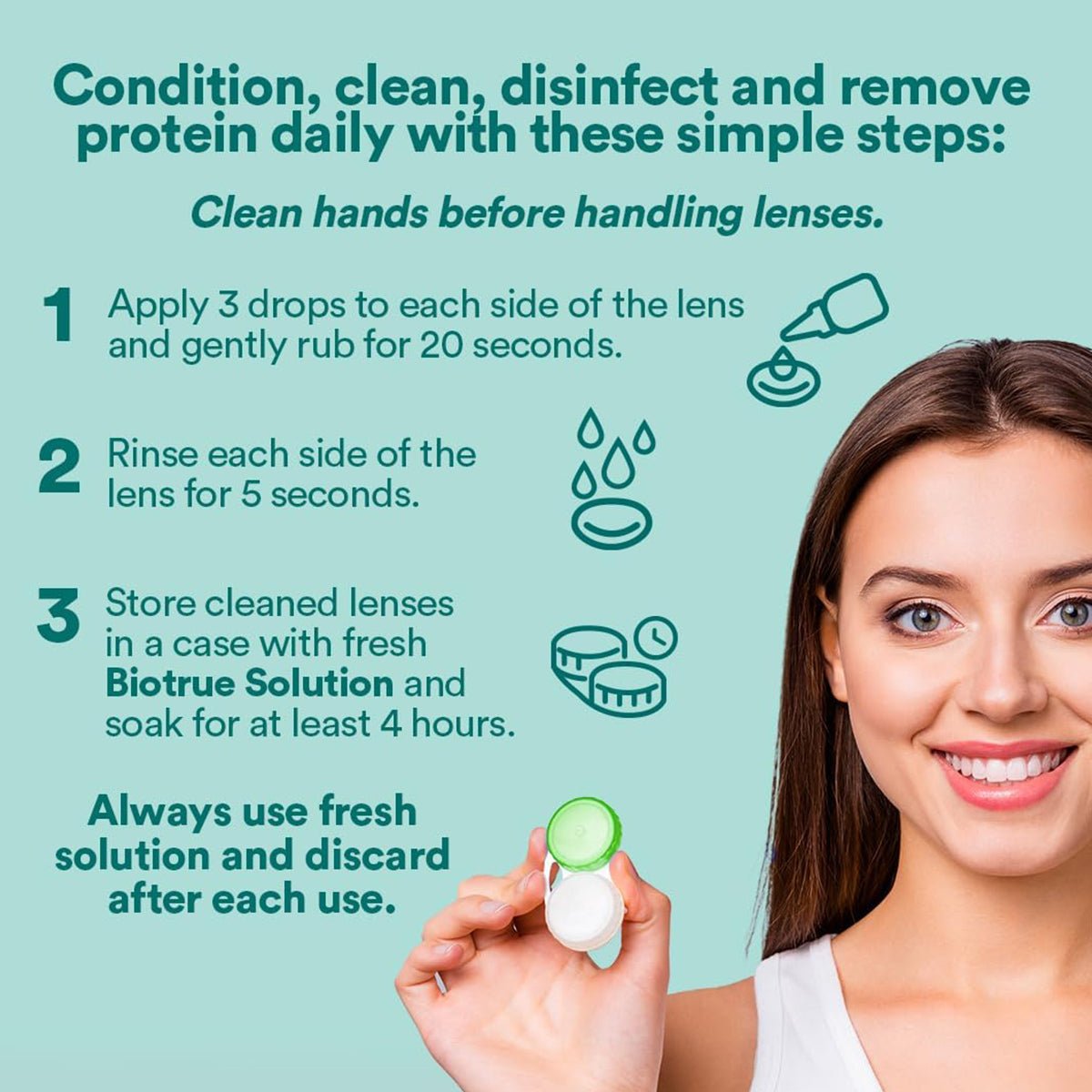 A smiling woman holds a contact lens case. Instructions beside her: 1) Add 3 drops, rub for 20 seconds. 2) Rinse each side for 5 seconds. 3) Soak silicone hydrogel lenses in Bausch + Lombs Biotrue Multi-Purpose Solution (10oz x2) for at least 4 hours. Use fresh solution each time.