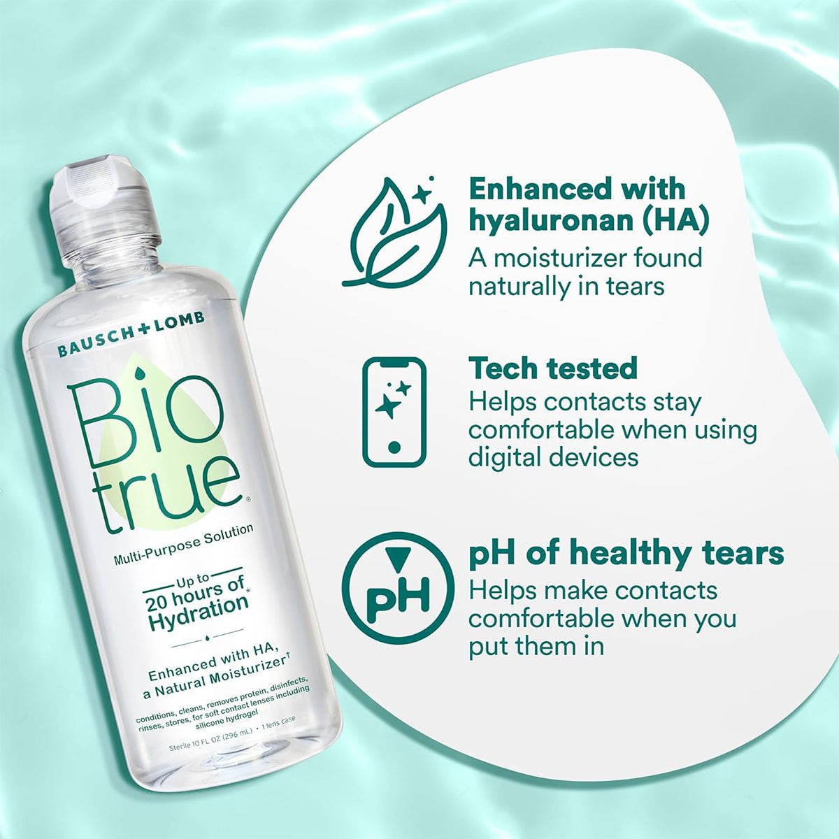 Biotrue Multi-Purpose Contact Lens Solution 2-Pack (10oz x 2) by Bausch + Lomb on a light green background. Features: enhanced with hyaluronan for hydration, ideal for silicone hydrogel lenses, tested for comfort with digital devices, and maintains healthy pH for lens hydration and comfort.