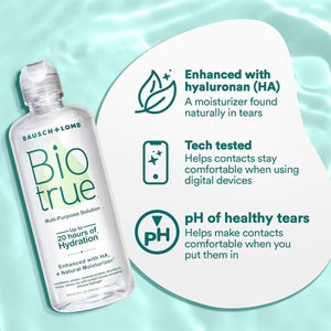 Biotrue Multi-Purpose Contact Lens Solution 2-Pack (10oz x 2) by Bausch + Lomb on a light green background. Features: enhanced with hyaluronan for hydration, ideal for silicone hydrogel lenses, tested for comfort with digital devices, and maintains healthy pH for lens hydration and comfort.