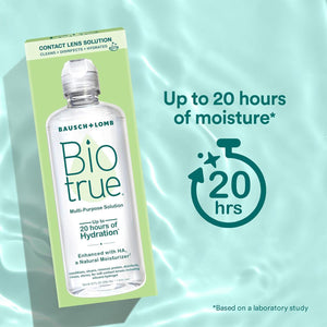 Image of a Bausch + Lomb Biotrue Multi-Purpose Contact Lens Solution 2-Pack (10oz x 2) bottle and box floating on water. Text reads Up to 20 hours of moisture, Based on a laboratory study, and enhanced with HA for optimal hydration, especially effective with silicone hydrogel lenses.