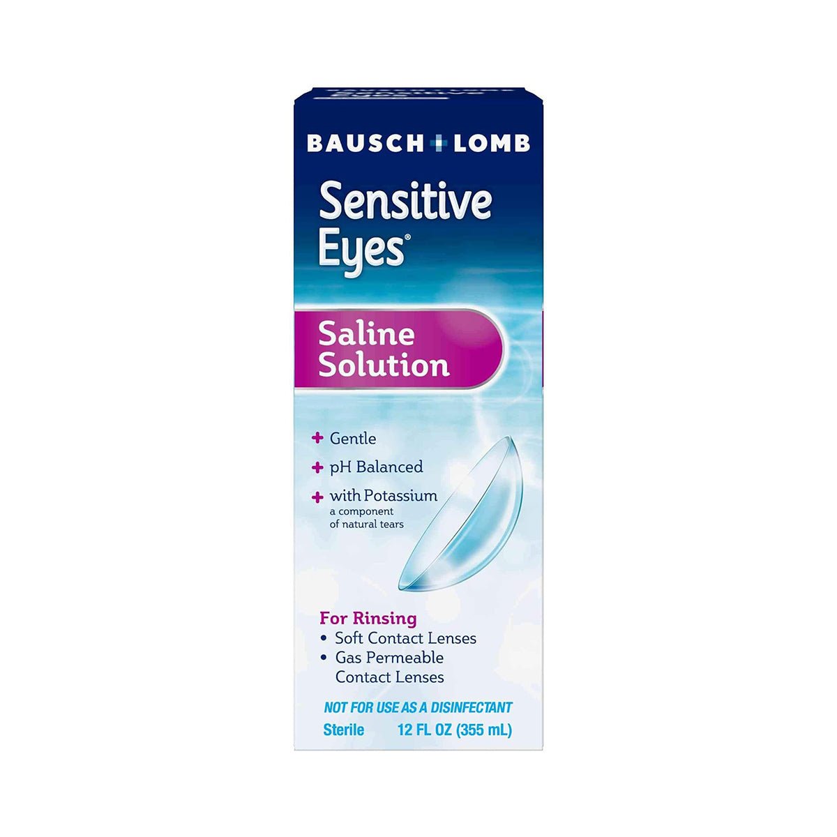 The Bausch & Lomb Sensitive Eyes Saline Contact Lens Solution is a gentle, pH-balanced rinse for soft and gas permeable lenses, enriched with potassium. It comes in a 12 oz bottle and is perfect for daily use.