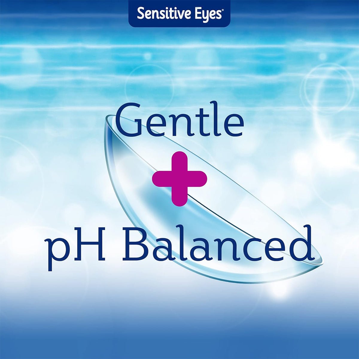 A banner featuring a contact lens on a calming blue bokeh background highlights Sensitive Eyes at the top and Gentle + pH Balanced in the center, promoting comfort. Pair with Bausch & Lomb Sensitive Eyes Saline Solution (12 oz) for soft and gas permeable lenses for optimal care.