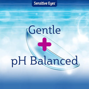 A banner featuring a contact lens on a calming blue bokeh background highlights Sensitive Eyes at the top and Gentle + pH Balanced in the center, promoting comfort. Pair with Bausch & Lomb Sensitive Eyes Saline Solution (12 oz) for soft and gas permeable lenses for optimal care.