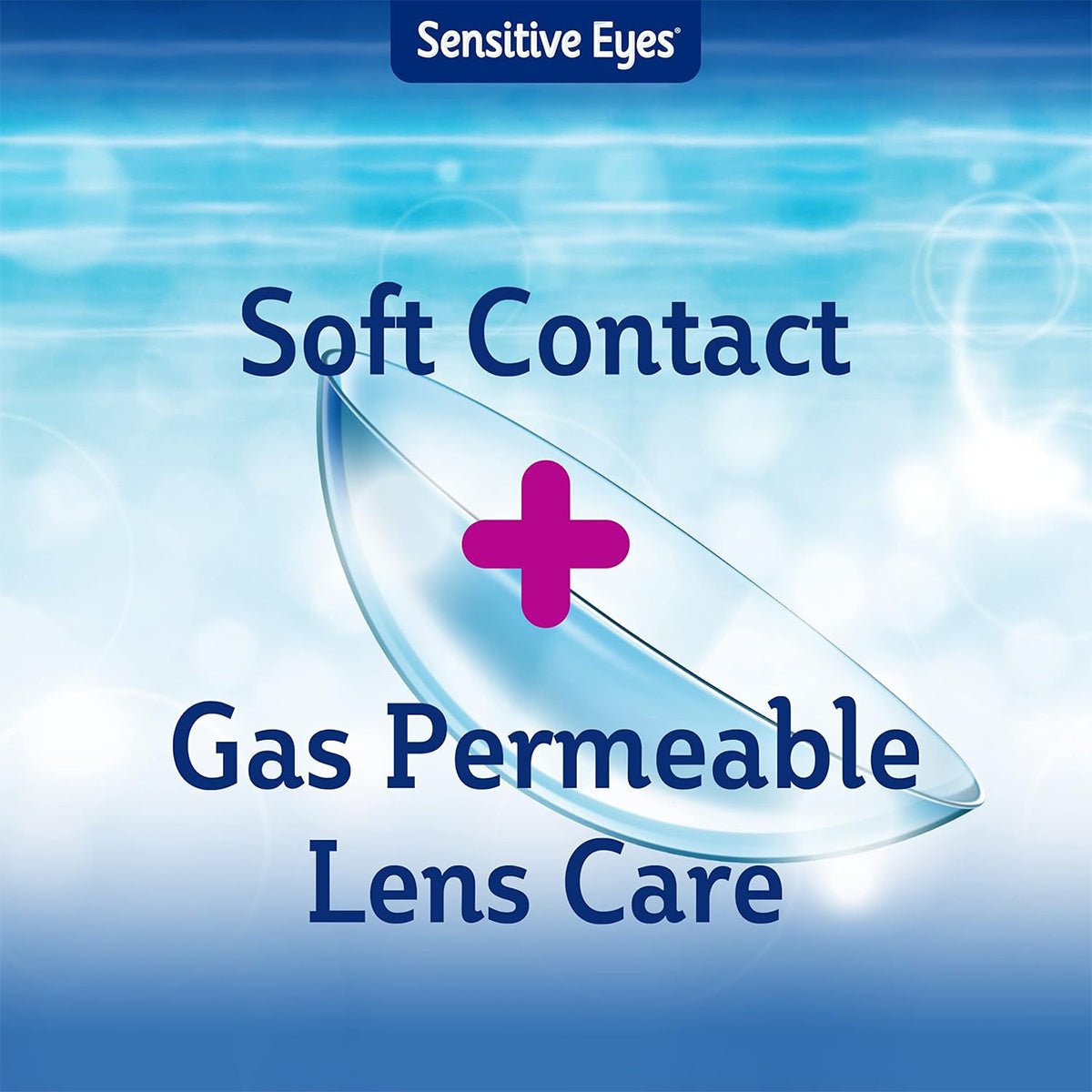 The image features a blue and white background with a contact lens illustration. Dark blue and pink text says Soft Contact + Gas Permeable Lens Care. Sensitive Eyes highlights its gentle formula using Bausch & Lomb Sensitive Eyes Saline Contact Lens Solution for Soft and Gas Permeable Lenses (12 oz).