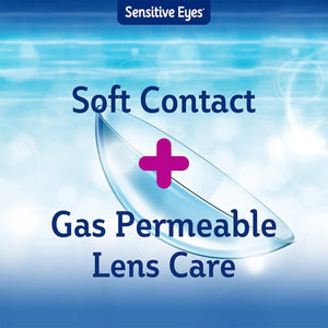 The image features a blue and white background with a contact lens illustration. Dark blue and pink text says Soft Contact + Gas Permeable Lens Care. Sensitive Eyes highlights its gentle formula using Bausch & Lomb Sensitive Eyes Saline Contact Lens Solution for Soft and Gas Permeable Lenses (12 oz).