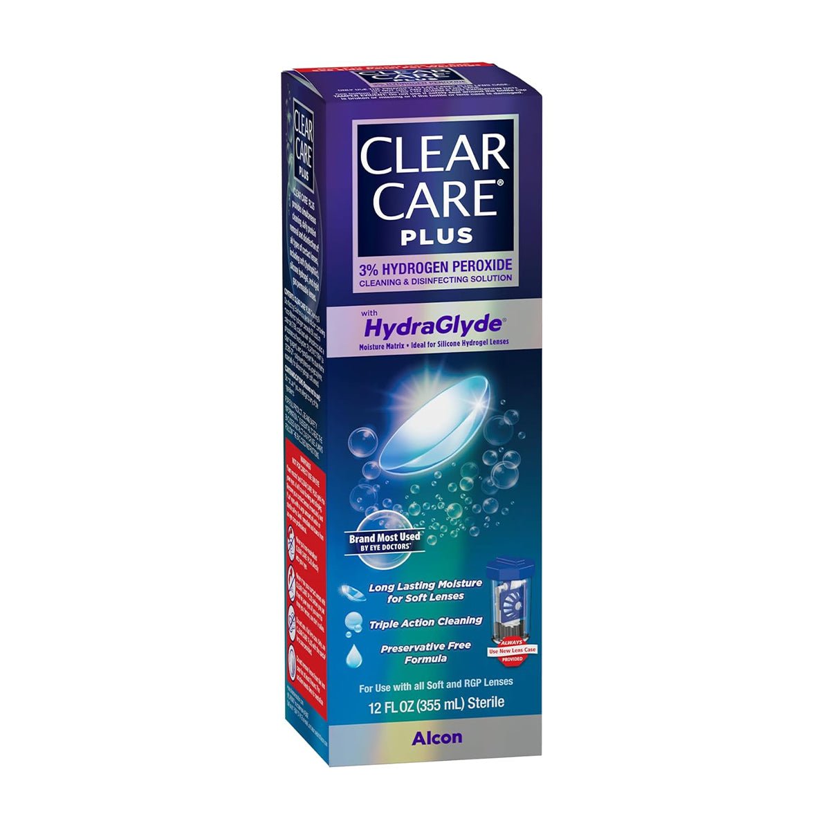 The Alcon Clear Care Plus Cleaning Solution, 12 oz, has a preservative-free formula with 3% hydrogen peroxide for disinfecting soft and RGP lenses. It comes in blue and purple packaging and includes a lens case.