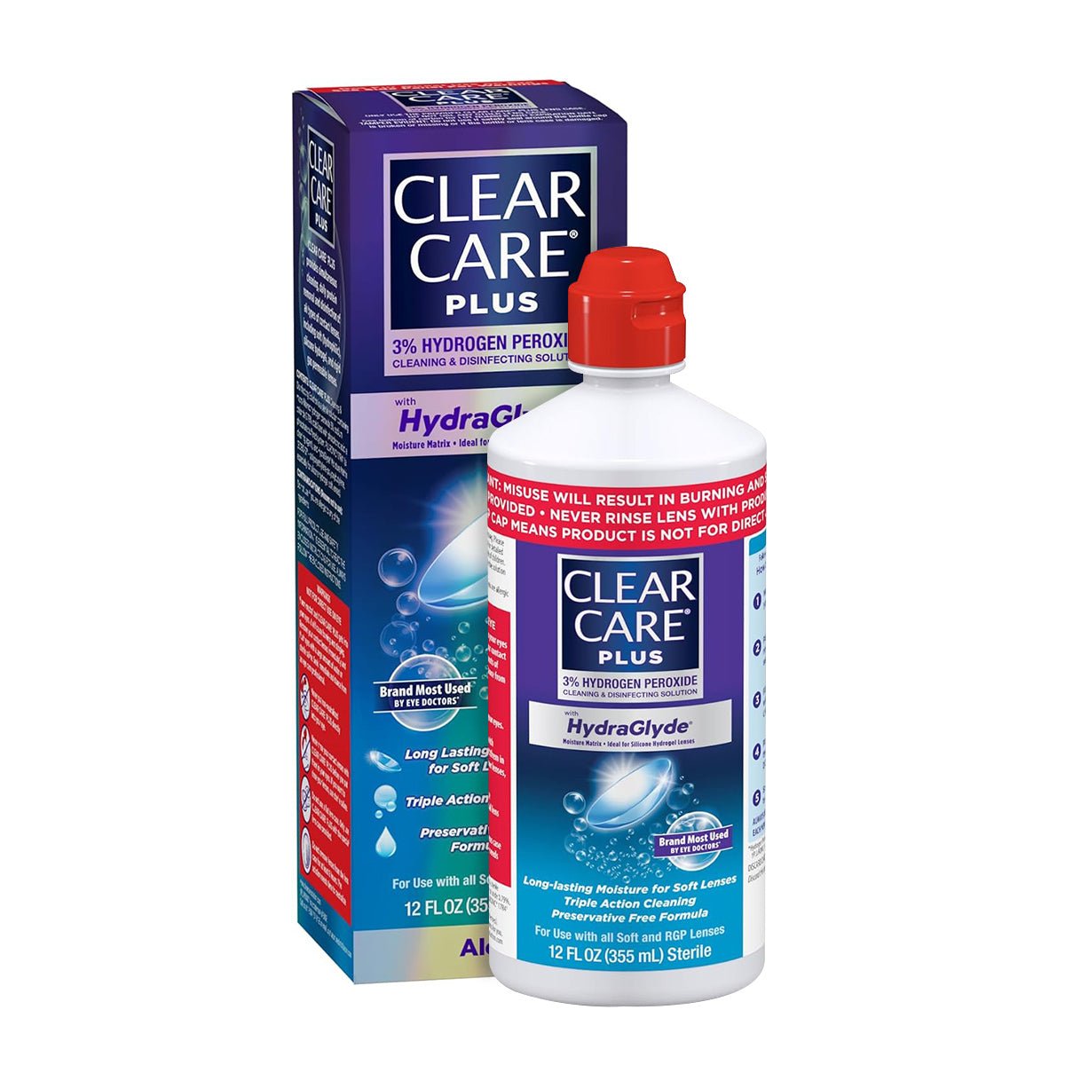 Image of Alcons Clear Care Plus Cleaning Solution with Lens Case, showcases the HydraGlyde Moisture Matrix. The blue and white package with red accents contains a 12 oz bottle for hydrogen peroxide disinfection, ensuring effective cleaning. Warnings and instructions are clearly visible.