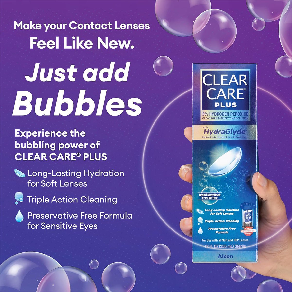 A hand holds an Alcon Clear Care Plus Cleaning Solution with Lens Case (12 Oz Bottle) against a purple bubble background. Text reads: Make your contact lenses feel like new. Just add bubbles and experience the long-lasting hydration and comfort of HydraGlyde Moisture Matrix.