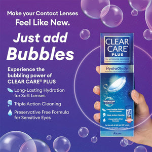 A hand holds an Alcon Clear Care Plus Cleaning Solution with Lens Case (12 Oz Bottle) against a purple bubble background. Text reads: Make your contact lenses feel like new. Just add bubbles and experience the long-lasting hydration and comfort of HydraGlyde Moisture Matrix.