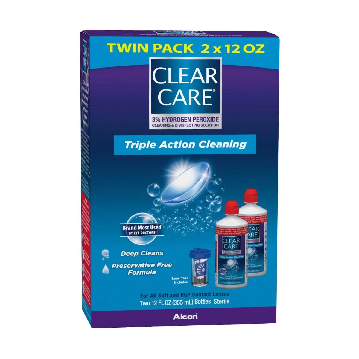 Twin pack of Clear Care Triple Action Cleaning and Disinfecting Solution with Case by Alcon includes two 12 oz bottles and a lens case. Features include Triple Action Cleaning, Deep Cleans, and a preservative-free formula.