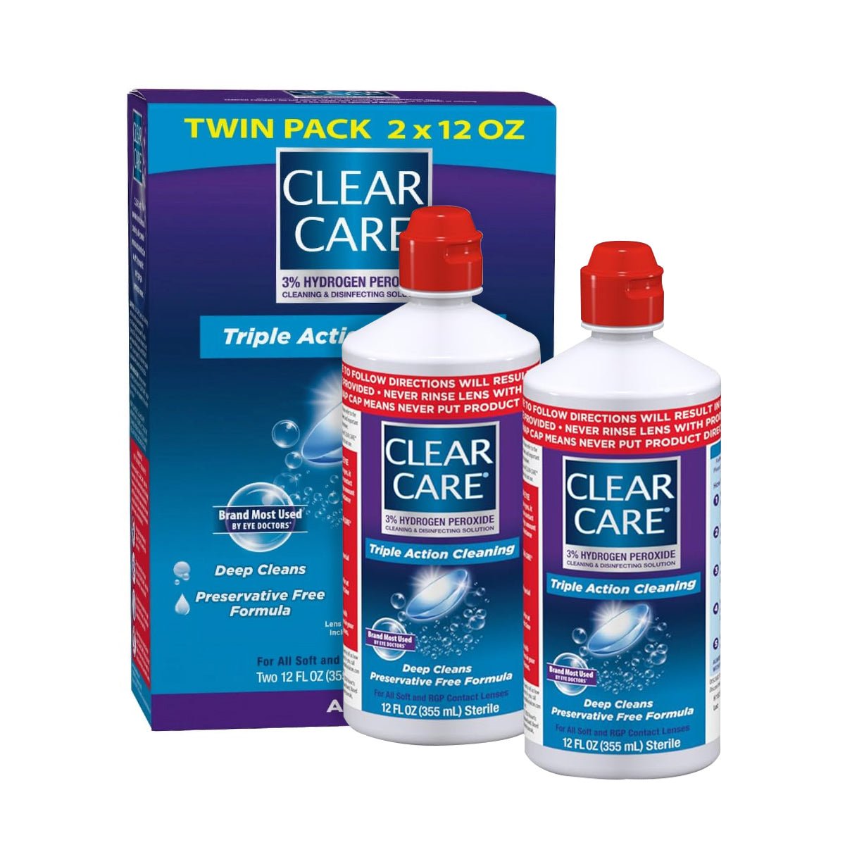 Two bottles of Alcon Clear Care Triple Action Cleaning Solution with Case (Twin Pack, 2 x 12 oz) are shown in front of a blue and purple box. This preservative-free formula uses a 3% hydrogen peroxide solution specifically for deep cleaning contact lenses.