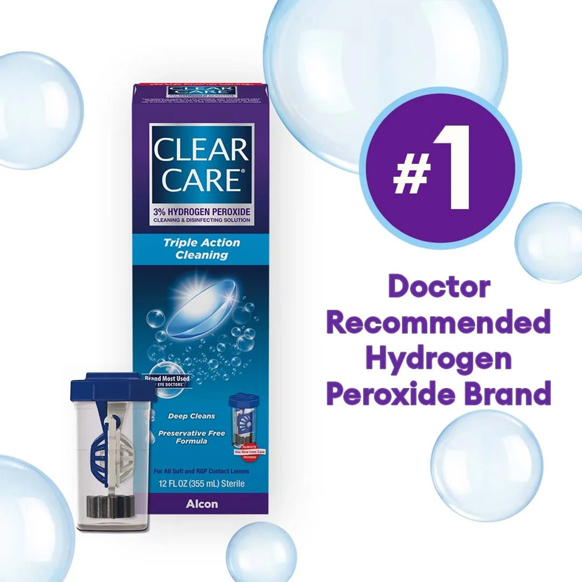 Image of Alcons Clear Care Triple Action Cleaning and Disinfecting Solution box, Twin Pack with lens case. Text: #1 Doctor Recommended Hydrogen Peroxide Brand. Bubbles float around the preservative-free formula, ideal for contact lens cleaning.