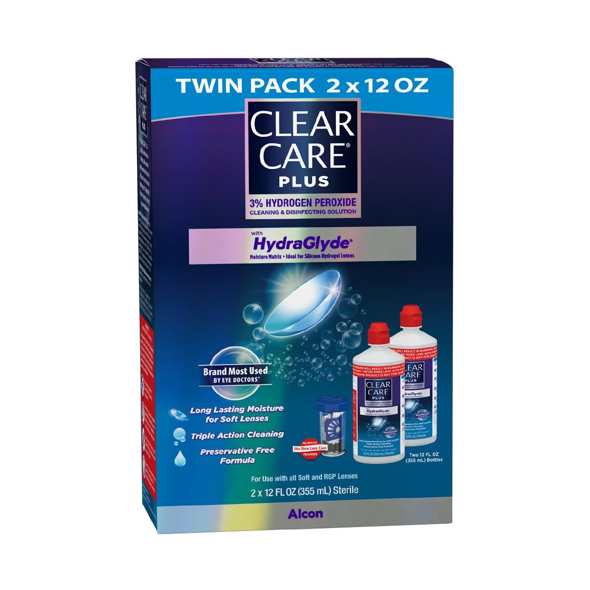 Image of an Alcon Clear Care Plus Cleaning Solution Twin Pack, including two 12 oz bottles with HydraGlyde®. The box emphasizes long-lasting moisture, triple-action cleaning, and a preservative-free formula.