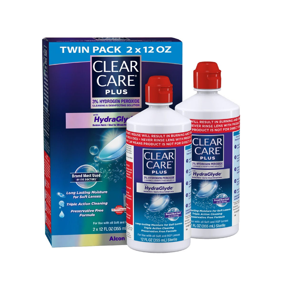 Two bottles of Alcons Clear Care Plus Cleaning Solution with Hydraglyde 12 Oz sit in front of their packaging, which highlights lasting moisture, HydraGlyde®, and triple-action peroxide cleaning, alongside a warning about burning if not rinsed properly; comes in a multi twin pack.