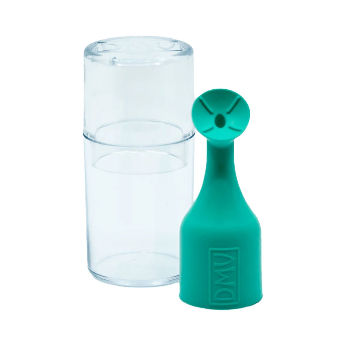 A clear cylindrical case holds the green DMV Luma-Serter, a funnel-shaped device with DMV near its base. Its circular, concave top has four indents, specifically designed for precise eye application.