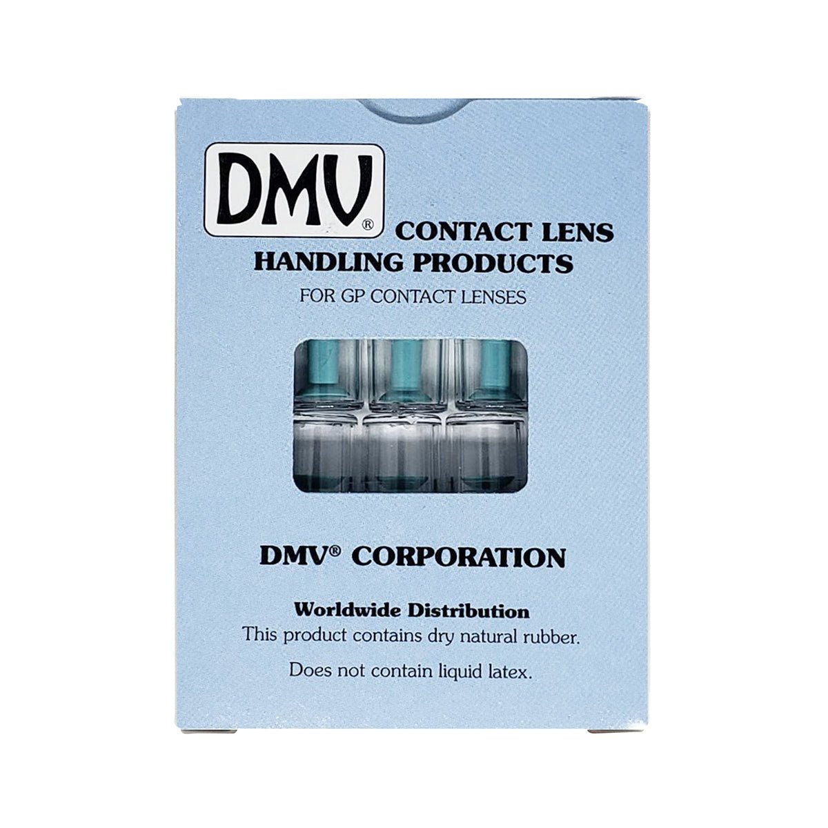 The DMV Ultra Hard Contact Lens Remover (10-Packs), perfect for GP lenses, comes in a light blue box. It contains transparent plastic removers and features text about its global availability and latex-free design.