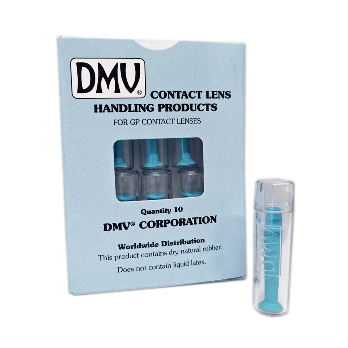 The DMV Ultra Hard Contact Lens Remover (10-Packs) by DMV features blue tools in blue and white packaging with a clear window. It includes a suction cup lens remover, with one tool upright beside the box ready for use.