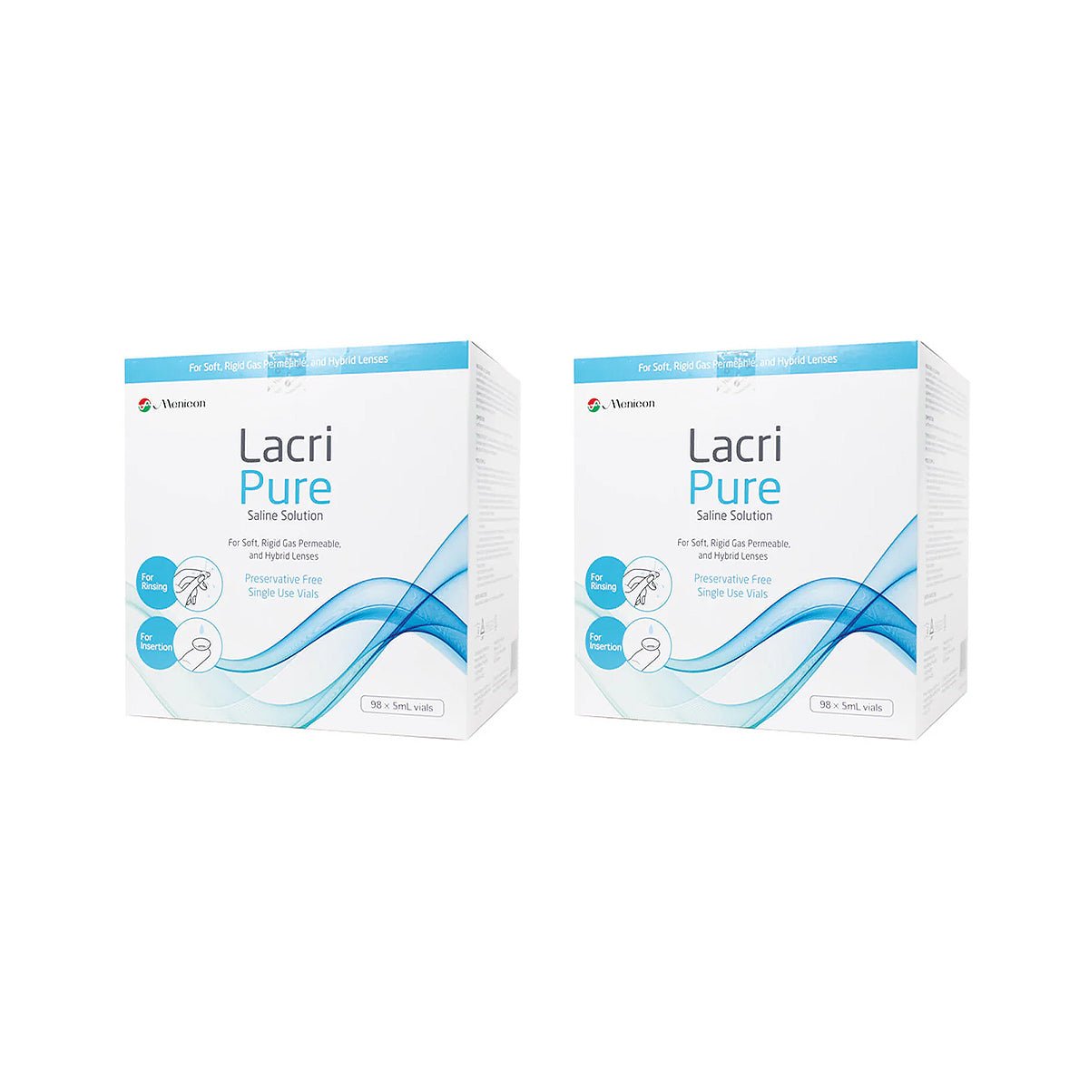 Two boxes of Menicon Lacripure Sterile Saline Solution (98 vials each) for scleral lenses feature a blue and white design, highlighting their single-use suitability.