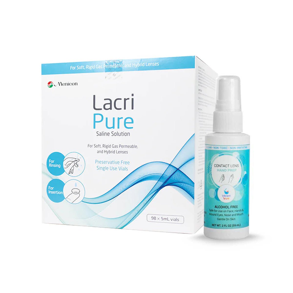 The Menicon Lacripure Sterile Saline Solution features 98 vials and Vibrant Vue Contact Lens Hand Prep on a white background. Ideal for soft, hybrid, and scleral lenses, it is preservative-free and alcohol-free, suitable for contact lens users.