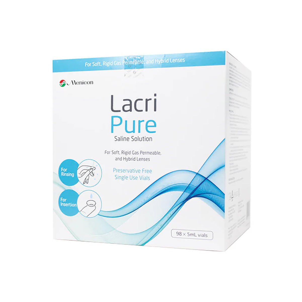 A Menicon Lacripure Sterile Saline Solution box, ideal for rinsing and inserting soft, rigid gas permeable, and scleral lenses. Suitable for contact lenses, it includes 98 preservative-free single-use 5mL vials.