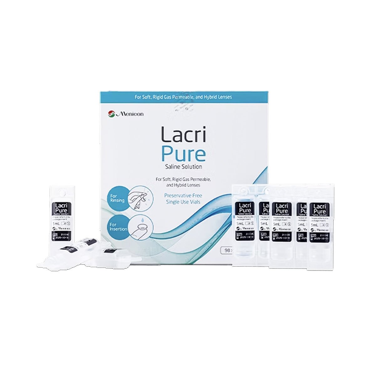 The image shows a box of Menicon Lacripure Sterile Saline Solution - 98 Vials for Scleral Lenses and individual vials. The packaging emphasizes it as a preservative-free solution perfect for rinsing and inserting scleral, soft, and rigid gas permeable lenses.