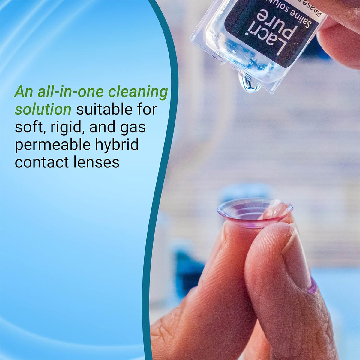 A person holds a contact lens case below a capped bottle labeled Menicon Lacripure against a blue and green background. Text reads: Sterile saline solution vials ideal for scleral lenses.