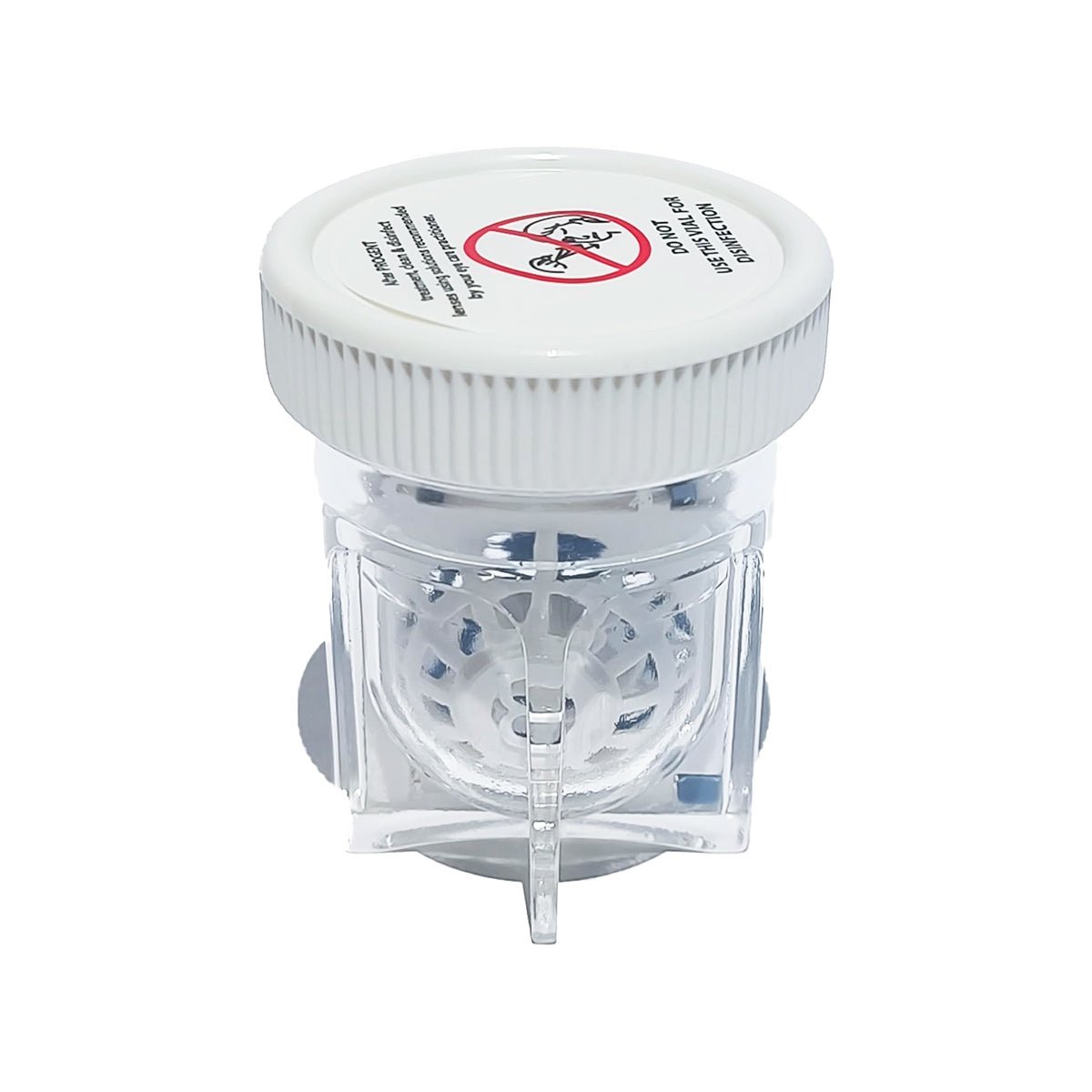 The Menicon PROGENT Large Diameter Lens Case, like a clear plastic bug trap with a white lid, efficiently captures insects with its perforated interior and has a stable flat base.