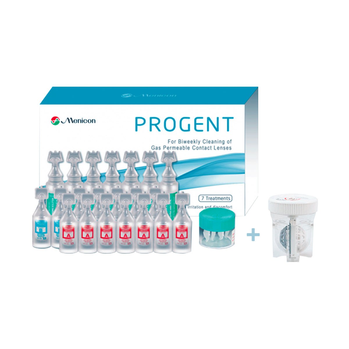 Image of the Menicon Progent Biweekly Contact Lens Cleaner, designed to remove protein deposits from gas permeable lenses. The bundle includes a large diameter lens storage case and packaging for seven treatments.